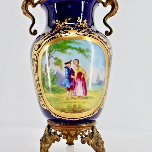 French Sevres Signed Porcelain Cobalt Blue Gilded Vase Bronze Dragon Handles 19C - Picture 3 of 11